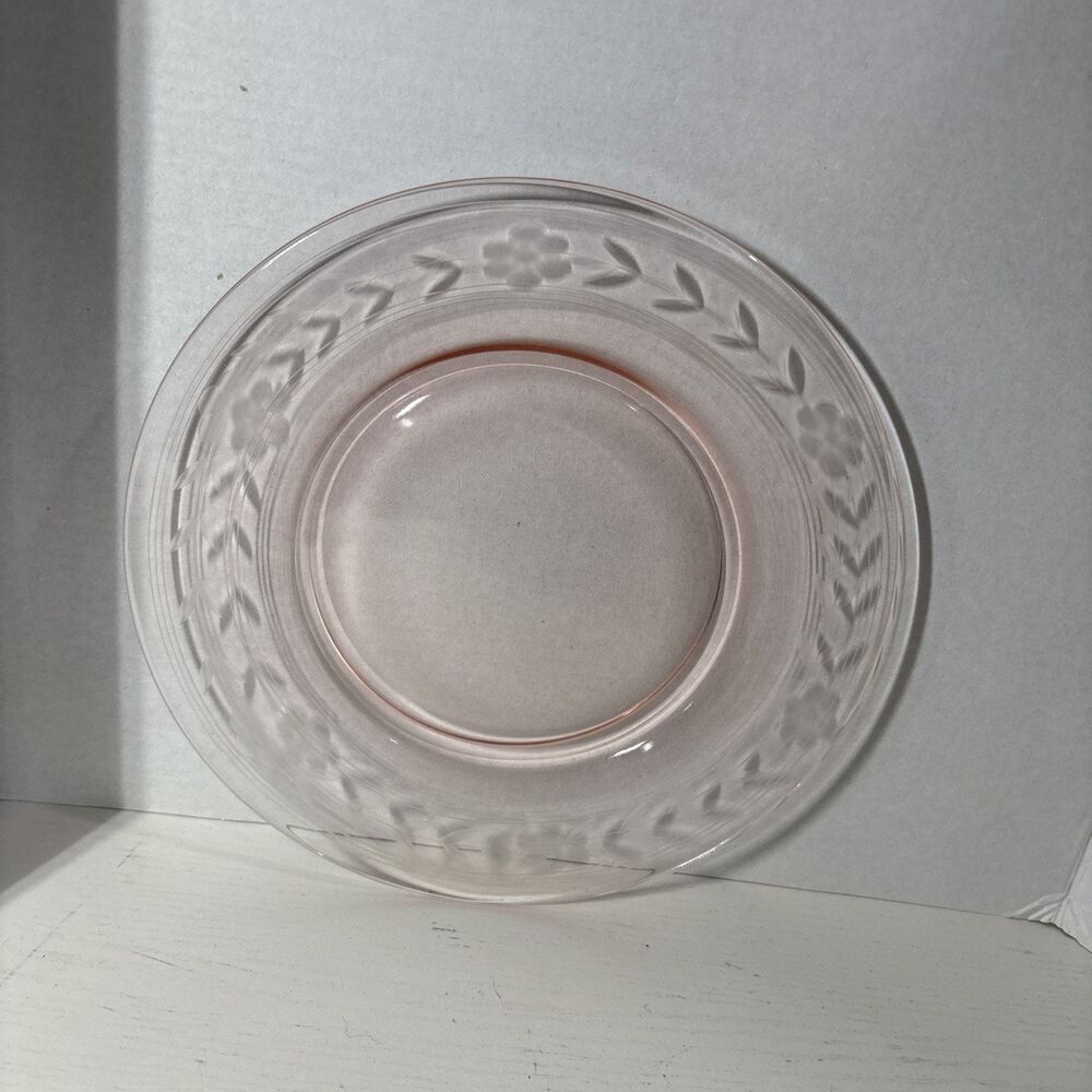 Vintage Pink Glass 7.5" Salad Plates Wheel Cut Floral Leaf Set of 6